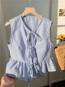 Fresh Blue Striped Sleeveless Tank Top, Front and Back Tie Design, Waist Cinch Ruffle Short Shirt, Summer Commute Style