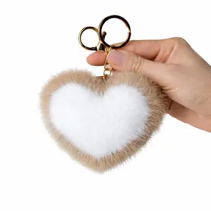 Heart-Shaped Faux Fur Keychain with Gold Ring and White Fur Pom-Pom for Bags and Accessories