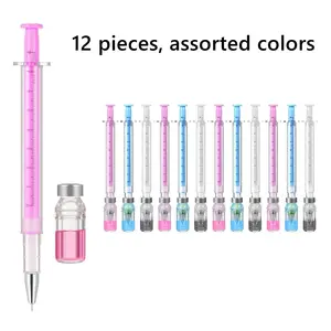 12 PCS Syringe Pen Bulk, 0.5mm Black Ink Needle Pens for Writing - 6.18in Syringe Pens for Nurses, Medical Theme Gel Pen, Office Party Favors, Rollerball Pen Set