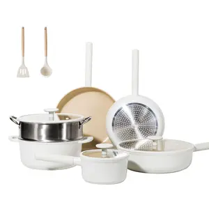 JEETEE Ceramic Cookware Sets 15 pcs, Healthy Pots and Pans Set Non Stick, Induction Kitchen Cooking Set with Removable Handles, Stackable Pots Pans, Oven Safe, PFOA/PFOS Free, Beige