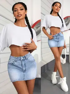 Women's Casual Elastic Stretchy Denim Short Skirt Bottom, Simple Style, Comfortable Fit, Perfect for Everyday Wear, Fashionable Ladies' Jean Skirt
