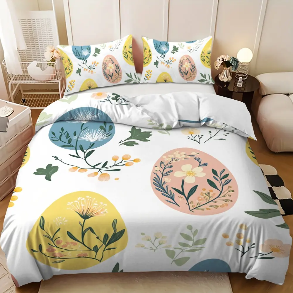 Bedding 3-piece set - 3PCS, featuring pink, yellow, and blue egg floral design, down comforter set (1 duvet cover + 2 pillowcases, filling not included). A perfect gift for family, soft and comfortable, suitable for family bedrooms.