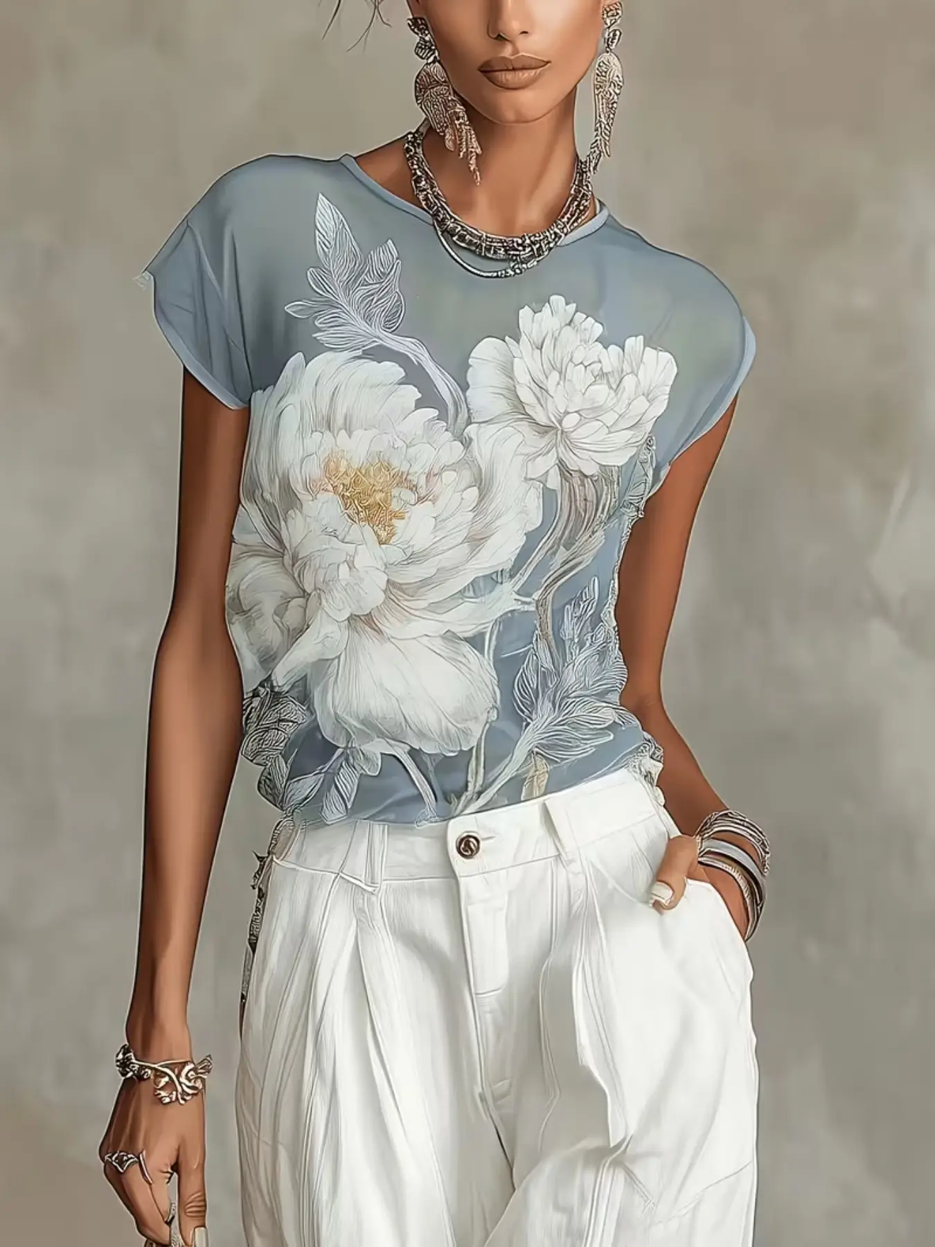New Spring Summer Sheer Blue Floral Print Chiffon Shirt for Women, Casual Half Sleeve Loose-Fitting Top, All Seasons Fashion, Boho Style Shirt, Boho Blouses, Boho Clothing