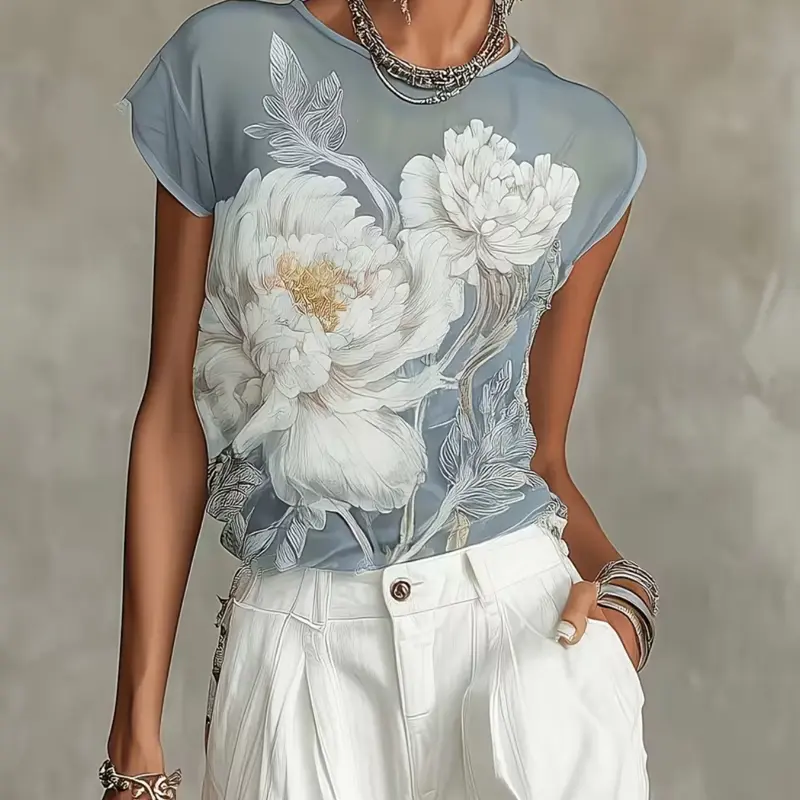 New Spring Summer Sheer Blue Floral Print Chiffon Shirt for Women, Casual Half Sleeve Loose-Fitting Top, All Seasons Fashion, Boho Style Shirt, Boho Blouses, Boho Clothing, Bohemian Style