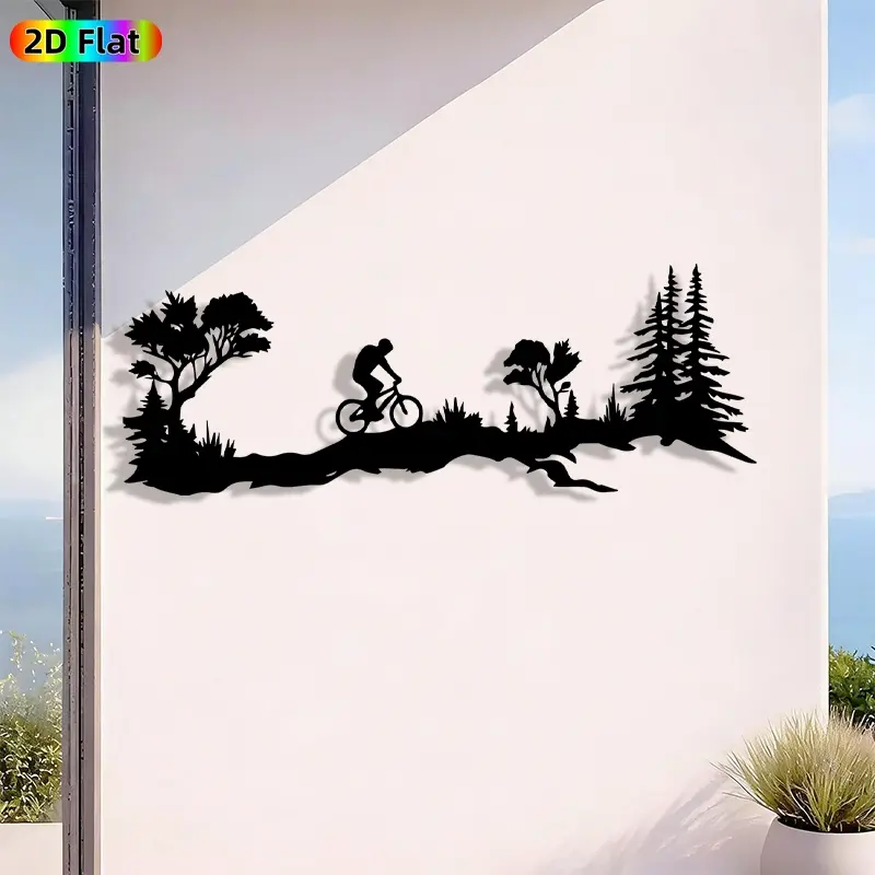 1pc Avant-Garde Mountain Biker with Trees Metal Wall Art, Avant-Garde Mountain Biker with Trees Statue Mural, Iron Craft, Perfect for Living Room, Outdoor Space, Patio Decor, Silhouette Wall Decor, New Year Decor, Ideal Gift for Trend Seekers