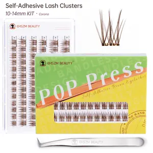 EHSZM BEAUTY POP PRESS Brown Self Adhesive Lash Clusters Kit, 10-14mm C-Curl, 1-Minute Pre-Glued Press-On, All-Day No-Fall, Thin Invisible Band, Natural Wispy Naked Makeup Look, Includes Tweezers