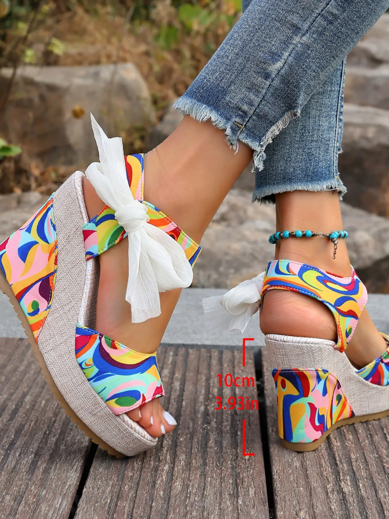 Women's Rainbow Striped Wedge Sandals, Open Toe Bowknot Thick Sole Beach Shoes, Summer New Style Casual Footwear