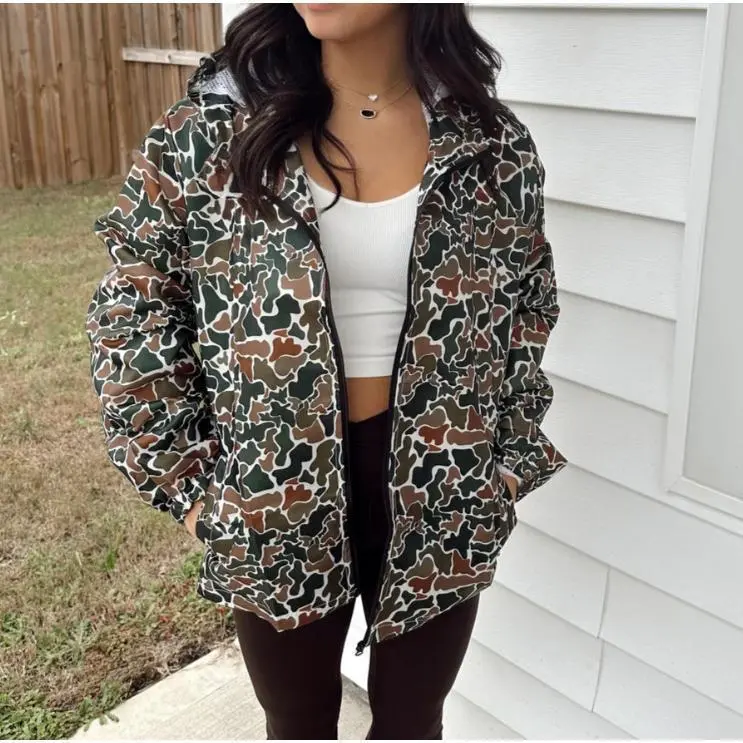 Women's Camouflage Coats and Outerwear Tops, Slim Fit Waterproof Hooded Jacket with Zipper for Outdoor Adventures, Lady, Fitted, Print, Jackets, Longsleeves, Sleeve, Fabric, Long Sleeve, Rain Coat, Casual, Clothes, New