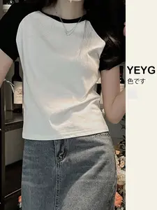 Women's Summer New Fashion Preppy Style Colorblock Round Neck Short Sleeve Slim Fit Knit Top, Casual College Style Women's Clothing