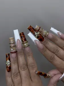 Handmade Tortoiseshell and White Sculpted Press On Nails | Luxury Long Square Nail Set | Gold Accent Design