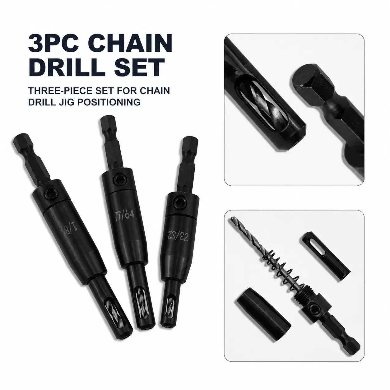 Upgraded Self-Centering Hinge Drill Bit Set, VIX Bit Self Centering Drill Bit CC2430 3/32", 7/64", 9/64", 1/4 Inch Hex Shank for Precise Cabinet & Door Installation, Drilling Pilot Holes