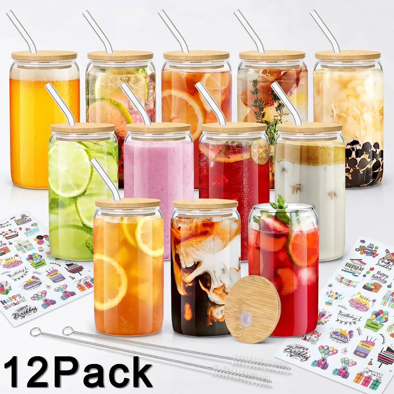 [ 12pcs Set ] Glass Cups with Bamboo Lids and Glass Straw - Beer Shaped Drinking Glasses, 16 oz Iced Coffee Glasses, Cute Tumbler Cup for Smoothie, Boba Tea, Whiskey, Water - 2 Cleaning Brushes