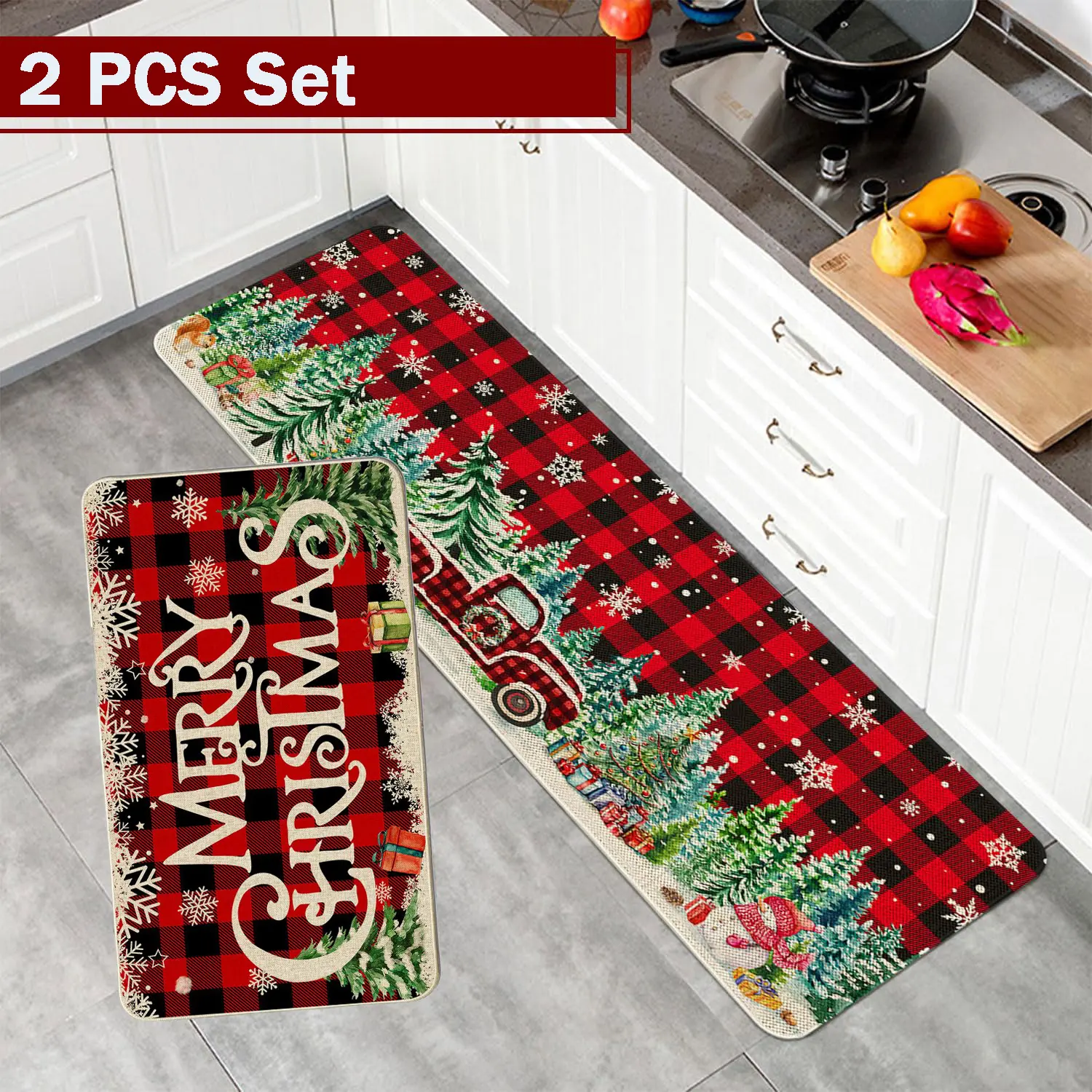 2 Packs Christmas Kitchen Rug Non-Slip Washable Cushioned Floor Mat Red Buffalo Plaid Rug Set 16"x24"+16"x47" Water Absorb Floor Carpet, Wipeable Rubber Mat, for Kitchen Bedroom Hallway Laundry