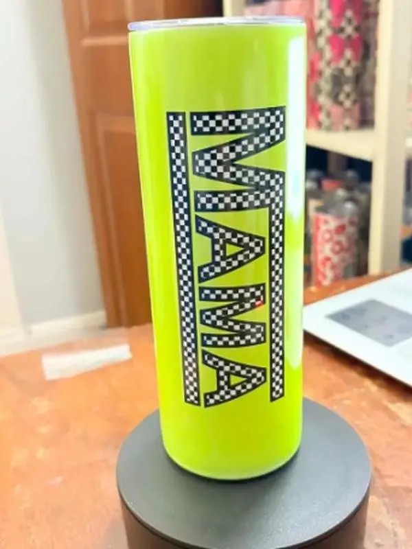 Neon Yellow Checkered Mama 20oz Metal Skinny Tumbler