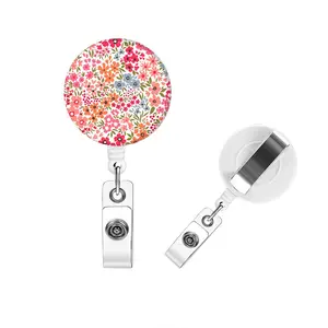 Flower Pattern Retractable Badge Reel, 1 Count Belt Clip Retractable Name Badge Holder, Identification Badges & Supplies for Nurse Doctor Student Volunteer