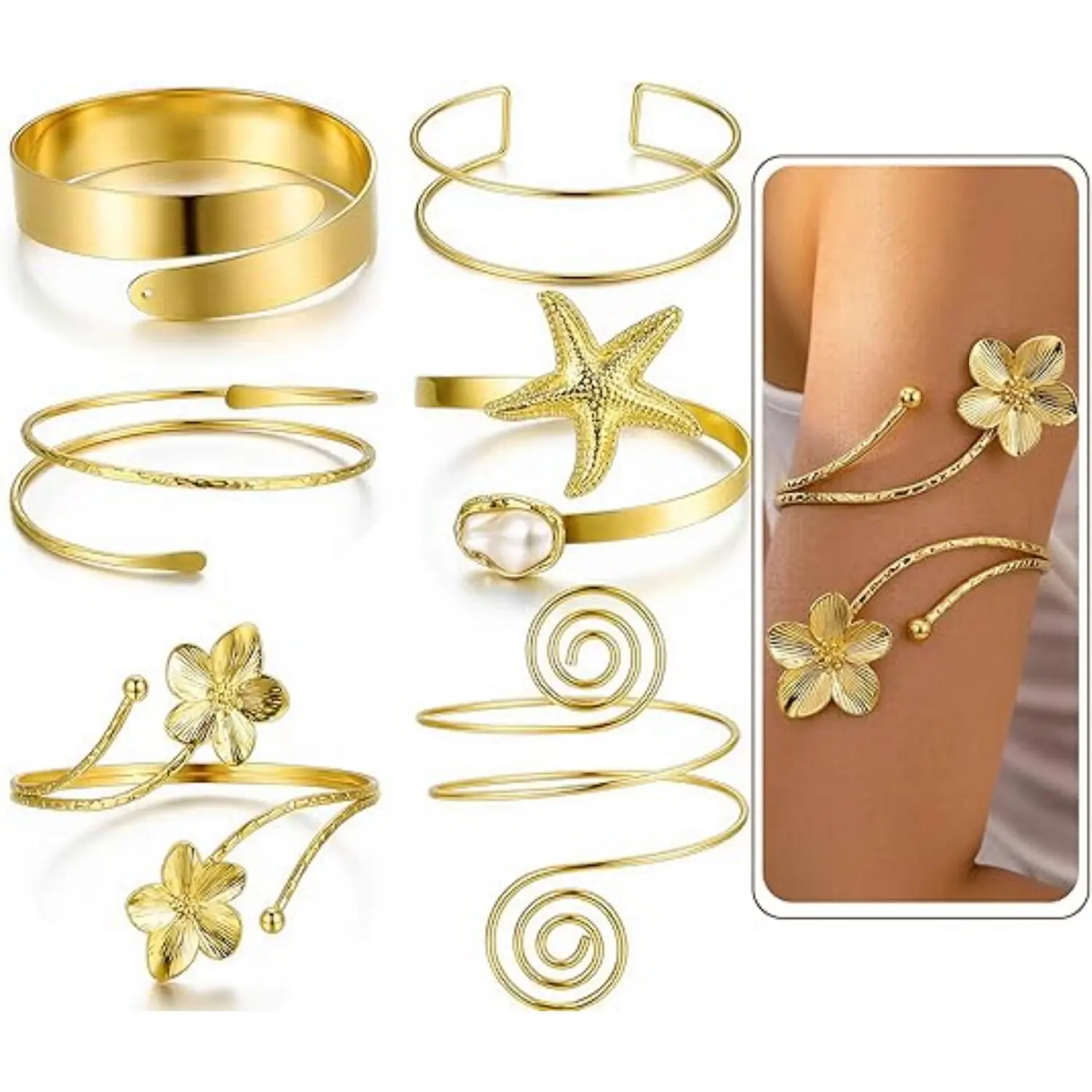 6Pcs Gold Arm Cuff Jewelry for Women, Boho Statement Gold Upper Arm Bracelet Bangle, Open Adjustable Cuff Bracelet set Stackable Jewelry