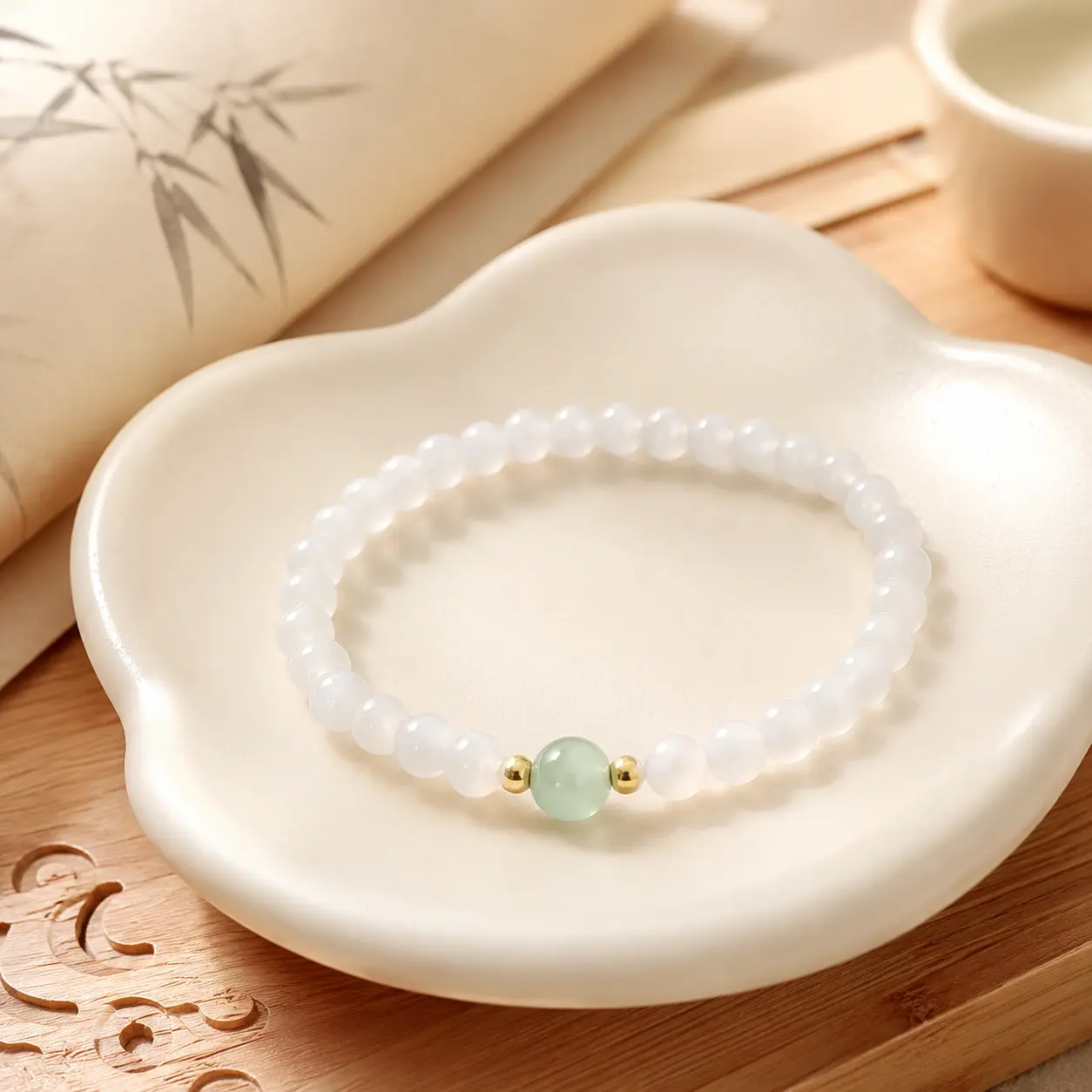 Wudang-Inspired White Jade Beaded Bracelet with Green Center Charm - Blessed Spiritual Jewelry for Daily Wear, Special Gifts for Health, Wealth, Protection & Inner Peace, Jade Bracelet