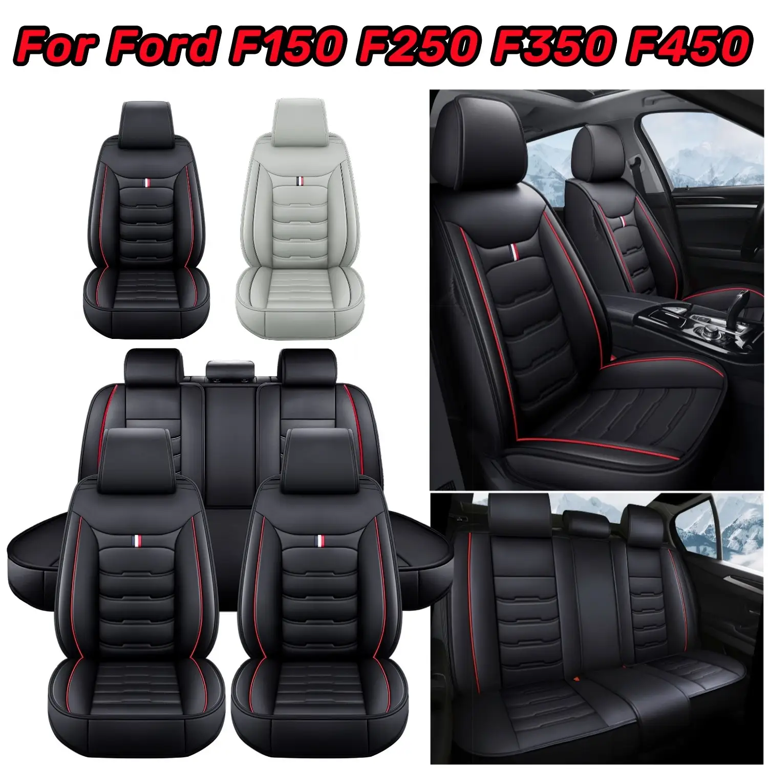 Fits For Ford F150 F250 F350 F450 Pick-up 2009~2023 Car Truck 5 Seat Covers PU Leather Front Rear Cushion Pad 5-Seats Protector Breathable, Full Surro