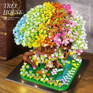 1300+ Pieces Mini Drill Block Set, Cherry Blossom Tree Model, Rainbow Tree House Building Kit, Challenging Puzzle Toy, New Year Gift