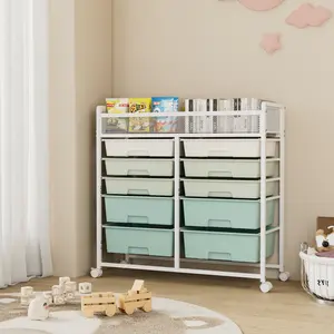 10-Drawer Rolling Storage Cart - White, Large Capacity 2-Row Metal Mesh Top Utility Organizer with Wheels, Multi-Layer Plastic Drawers for Kitchen, Bedroom