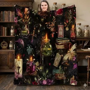 Dark Academia Gothic Witchcraft Blanket - Viral Magical Candle Herb Soft Throw, Aesthetic Wiccan Room Decor for Sofa, Unique Gift for Litha Summer Solstice, Graduation & Fantasy Lovers, All-Season Cozy Flannel
