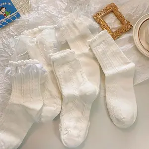 Women's 5 Pairs Lolita Style White Lace Socks Mid-Calf Summer Thin Socks with Bows Sweet JK Princess Look Japanese Schoolgirl Style Ladies Breathable Fabric women crew