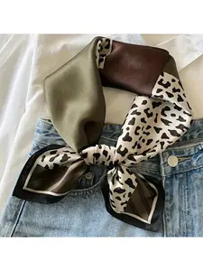 Olive green, brown, and leopard print bohemian-style women's scarf - 100% silk neckwear | Breathable design, perfect for business meetings, casual travel, and festive occasions | Multifunctional stylish scarf