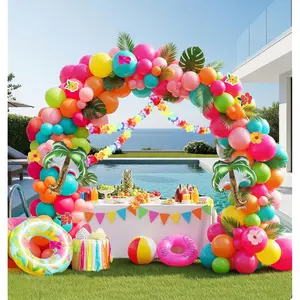 Summer Tropical Balloon Arch Kit with Hot Pink & Orange Balloons, Hawaiian Leis & Palm Leaves for Luau & Aloha Parties