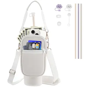 3 in 1 Water Bottle Carrier Bag with Phone Pocket for Stanley 40 oz, Water Bottle Holder with Strap for Stanley Cup Accessories with Silicone Straws, Straw Cover, Spill Proof Stoppers Reusable Drinkware Stylish Tumbler Birthday Set Mug Portable