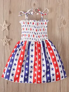 Girls' Independence Day Summer Dress, Star Flag Print Halter Neck Sundress, Adjustable Strap Toddler Clothing, Style