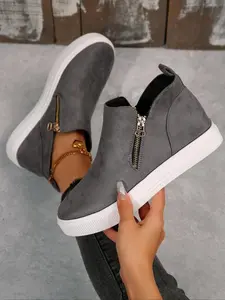 Women's Fashion PU Leather Ankle Boots, Side Zip Thick Sole Walking Shoes, Casual Comfortable Round Toe Sneakers for All Seasons