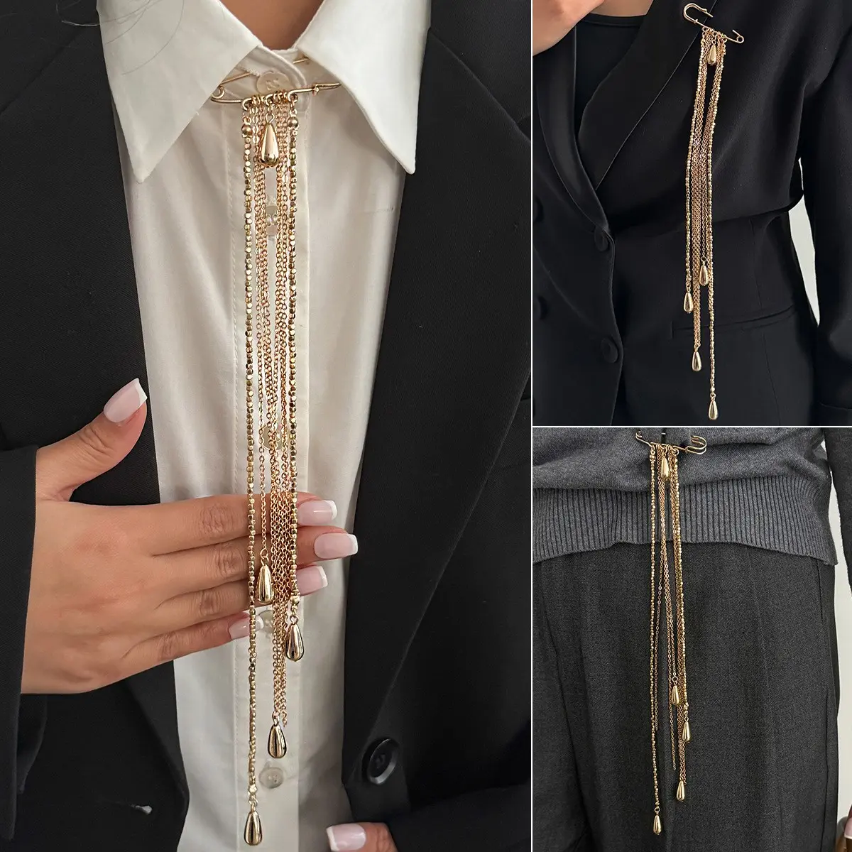 1 pc Unisex Suit Anti-Exposure Beaded Lapel Pin, Water Drop Fringe Chain Brooch, Unique Fashion Accessory for Men and Women, Alloy Brooch Pin