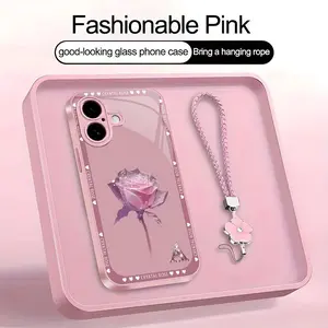 Crystal Rose Art 26 letter Phone Case, Suitable for [iPhone 16] high-end women's, Lanyard a beautiful four-leaf clover lanyard is included🍀 952