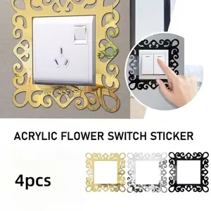 4pcs Decorative Lace Acrylic Switch Mirror Stickers, Acrylic Mirror End Light Switch Covers, Mirror Frame Decorative Stickers, Wall Beautification Decals Large, Home Decor, Self-Adhesive Wall Decor