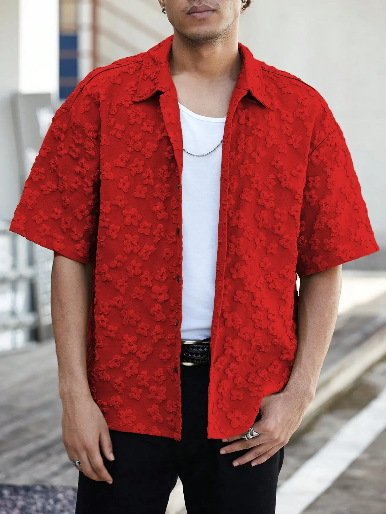 Men's Casual Daily Loose Fit Shirt Jacquard Front Button Short Sleeve Button Down Shirt, Tropical Summer Style, Comfortable and Stylish, Perfect for Everyday Wear, Casual Summer Tops