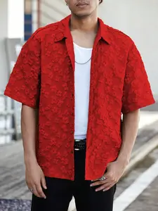 Men's Casual Daily Loose Jacquard Front Button Short Sleeve Button Down Shirt, Tropical Summer Style, Comfortable and Stylish, Perfect for Everyday Wear