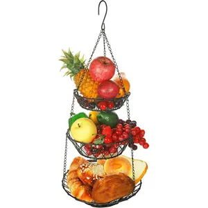 3 Tier Hanging Basket with Sturdy Metal Chain Hanging Hooks Fruit and Vegetable Basket Heavy Duty Wire Organizer Space Saving Rustic Country Style Kitchen Storage