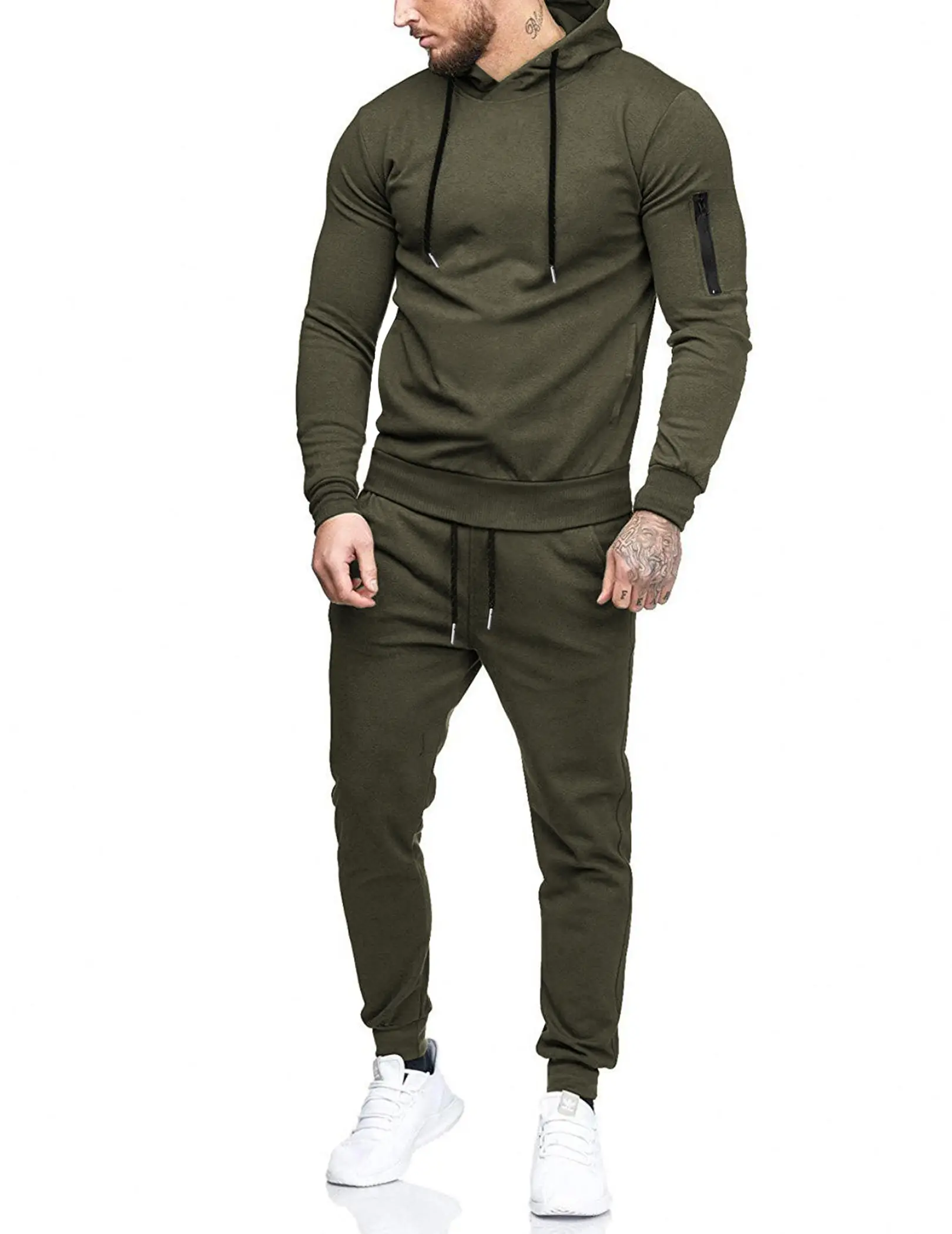 Coofandy Fall Outfits Men's Tracksuit Hoodie Set Olive Green Long Sleeve Pullover & Full Length Joggers with Drawstrings & Side Pockets for Gym Workou
