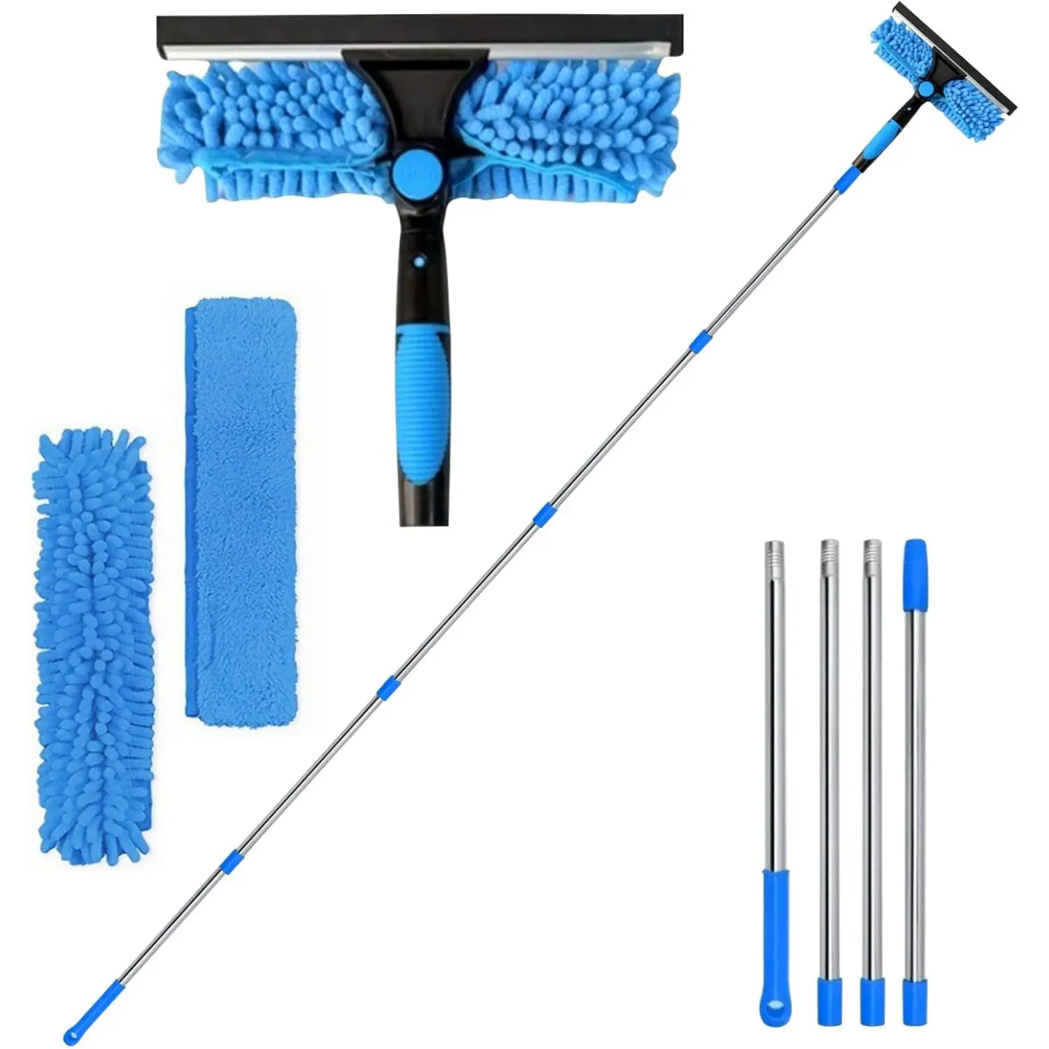 Window Squeegee Cleaner Tool with Extension Pole, 2-in-1 Durable Reusable Squeegee for High Windows Cleaning Kit with Scrubber and Rotating Head, Home Care Supplies