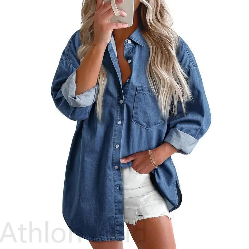 Astylish Women Denim Shirts Button Down Blouse V Neck Casual Tops Long Sleeve Light Blue