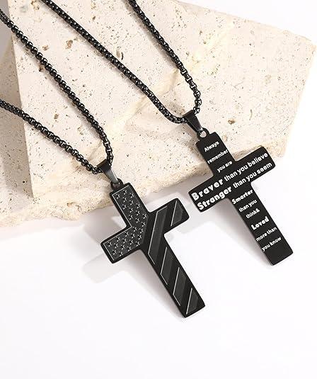 Men's Cross Necklace: Bible Verse & American  Flag Pendant | Stainless Steel Patriotic Faith Chain - Bold Gift for Him men boy black tone Strength Inspiration