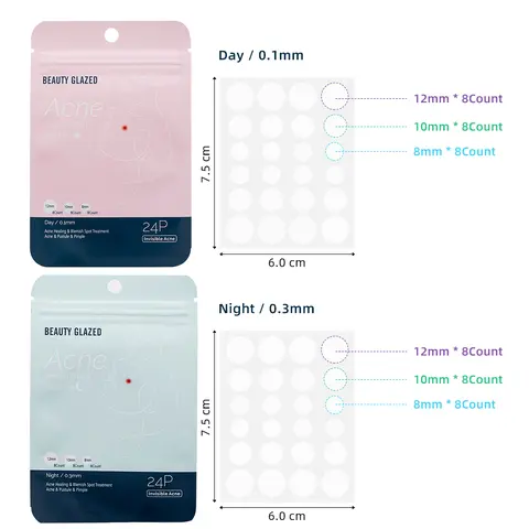 BEAUTY GLAZED Pimple Patches for Face Hydrocolloid Acne Patches  Spot Stickers Mild Day and Night 2 Color 3 Sizes (8mm, 10mm & 12mm)