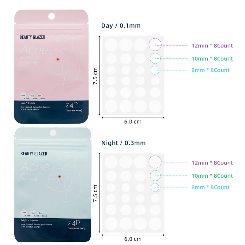 BEAUTY GLAZED Pimple Patches for Face Hydrocolloid Acne Patches Spot Stickers Mild Day and Night 2 Color 3 Sizes (8mm, 10mm & 12mm)