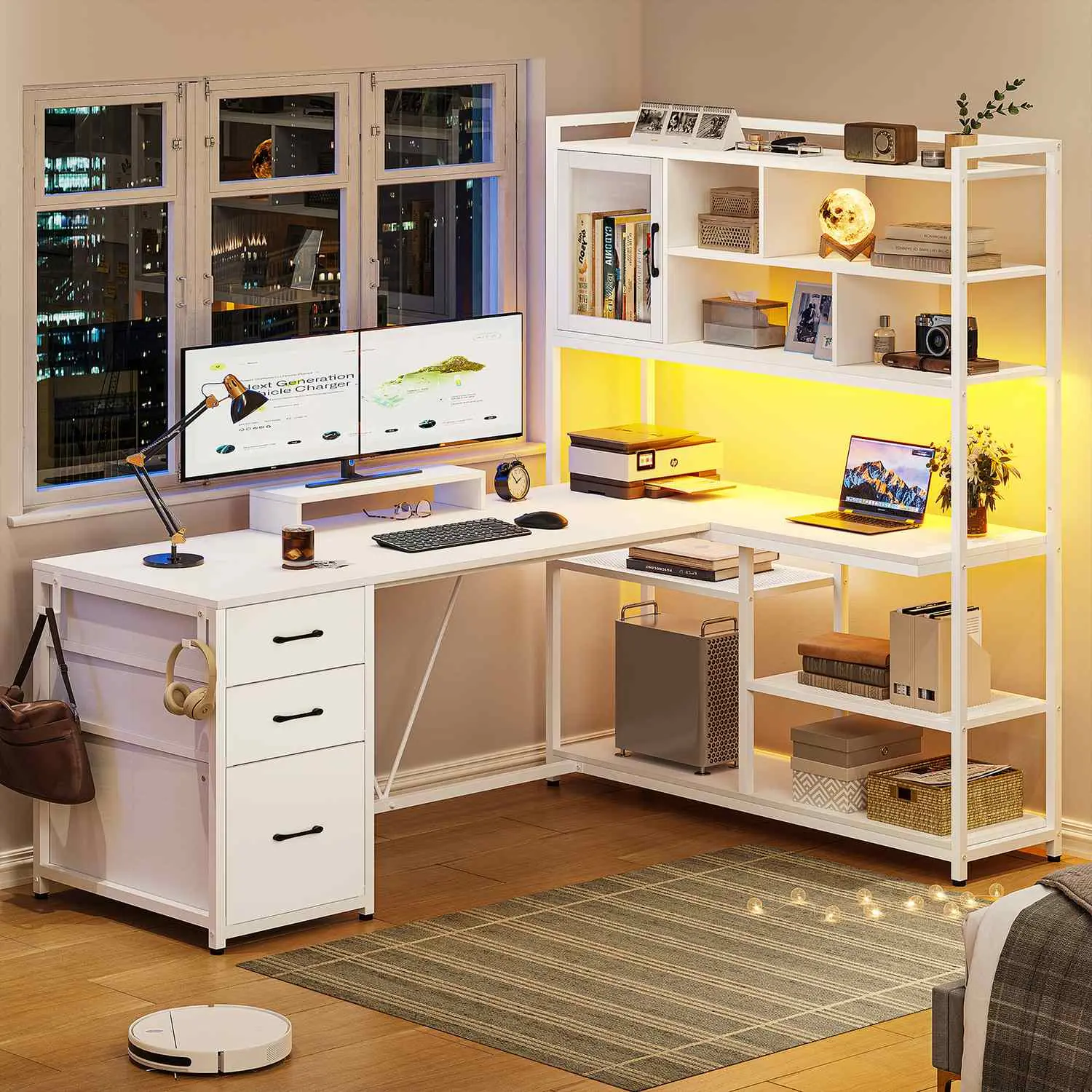 Sikaic L Shaped Gaming Desk with LED Lights, 58 Inch White Corner Computer Desk with Storage Shelves for Home Office and Gaming Setup