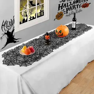 Halloween Themed Table Runner, 1 Count Black Lace Scary Spider Web Tablecloth Runner, Indoor Outdoor Halloween Dinner Party Supplies