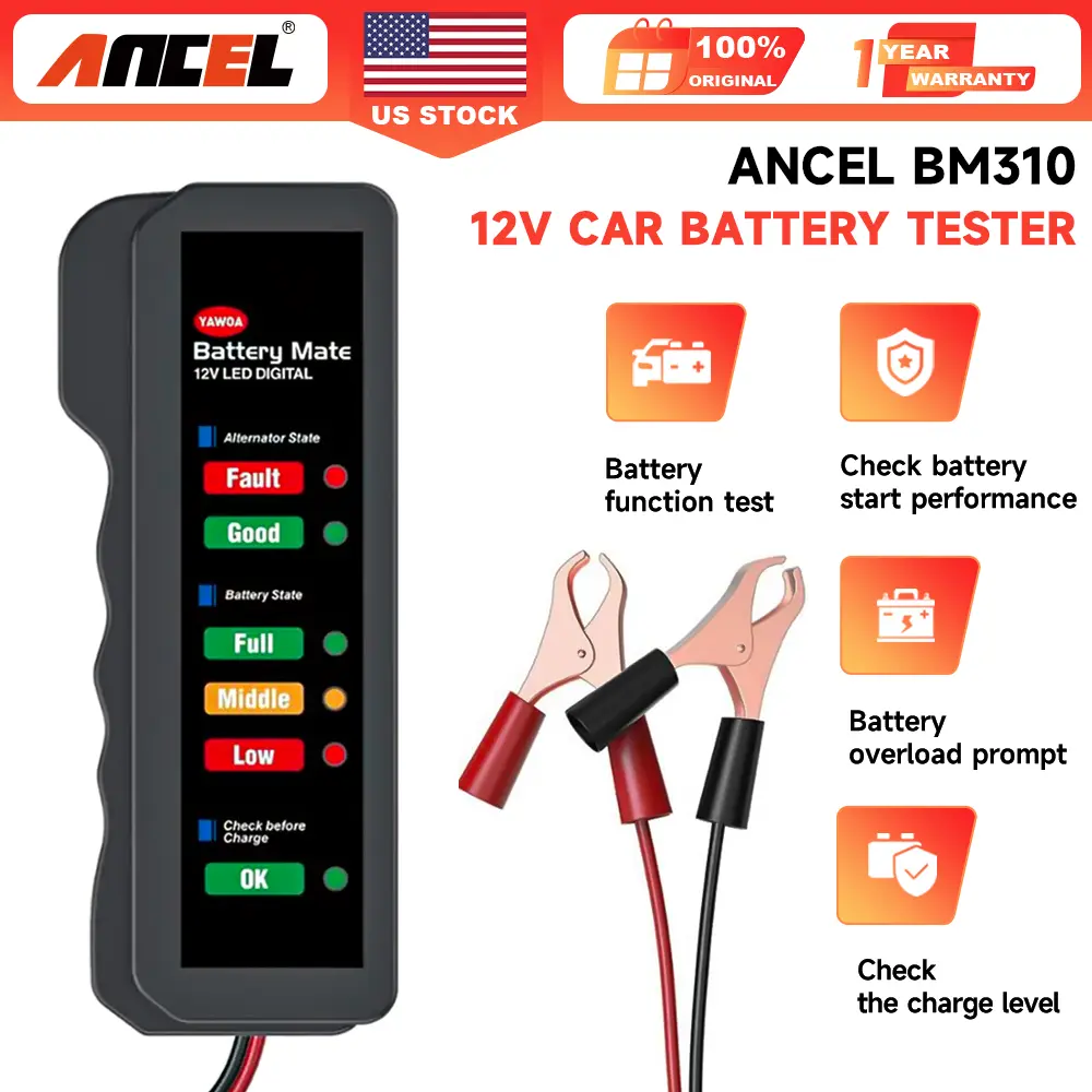 BM310 12V Car Digital Alternator Battery Tester Batteries Detector with 6 LED Lights Display for Car Automotive Motorcycle, Battery Health Analyzer, Car Battery Tester Scan Tool