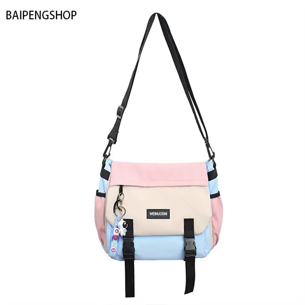 Unisex Messenger Bag, Lightweight Harajuku Style Colorblock Nylon Crossbody Purse with Cartoon Charm for Work & School, Work Bag, Messenger Bags