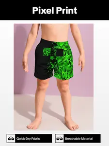 Boys' 3D Pixel Colorblock Beach Shorts, Quick-Dry Breathable Gaming Trendy Casual Swimwear Trunks, Loose Fit All over Print