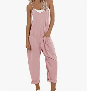 Spaghetti Straps Harem Long Pants Overalls With Pockets In Pink Fashion Jumpsuit