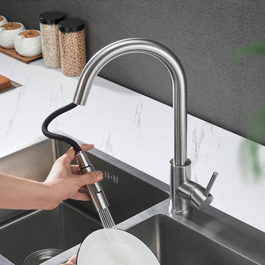 Single Handle Pull-Down Kitchen Faucet with Two Water Modes，Faucet Two Function Single Handle Pull Out Mixer Hot and Cold Water Taps Deck Mounted
